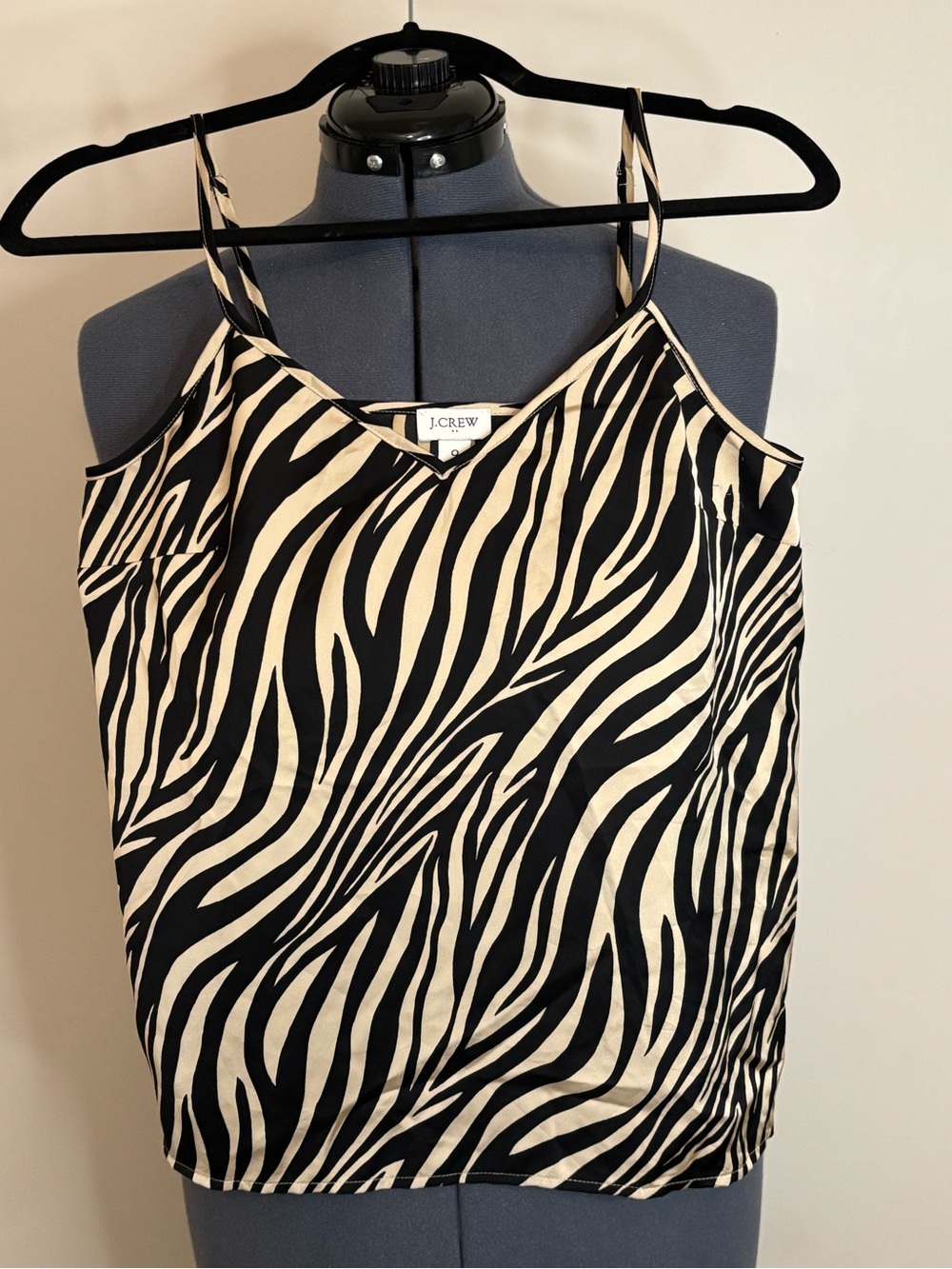 Crew Factory Zebra Print Satin Cami Top Size 0 Black Beige Animal Stripe V-Neck